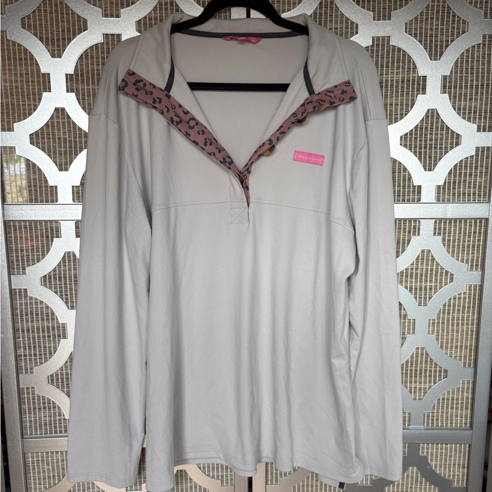 Simply Southern Light Gray Blouse with Pink and Leopard Details